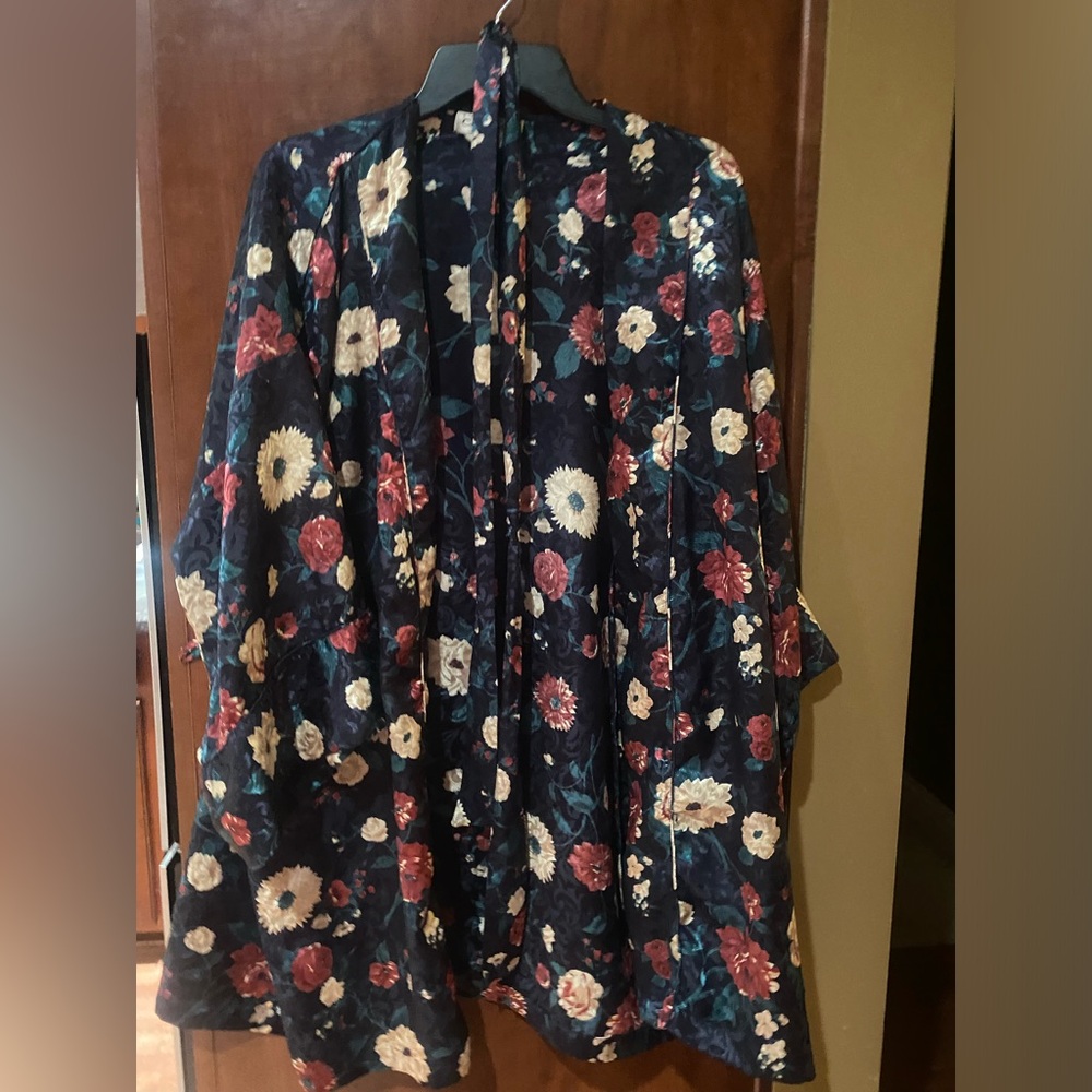 Cacique Navy Floral Satin Robe with Cream & Dusty Rose Flowers